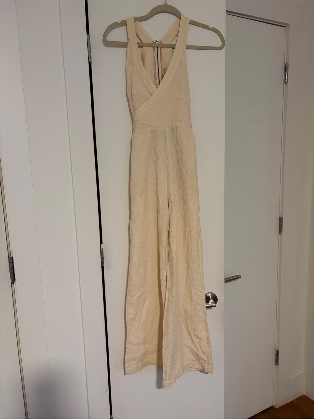 Anthropologie Cream Textured Cross-Front Wide-Leg Jumpsuit